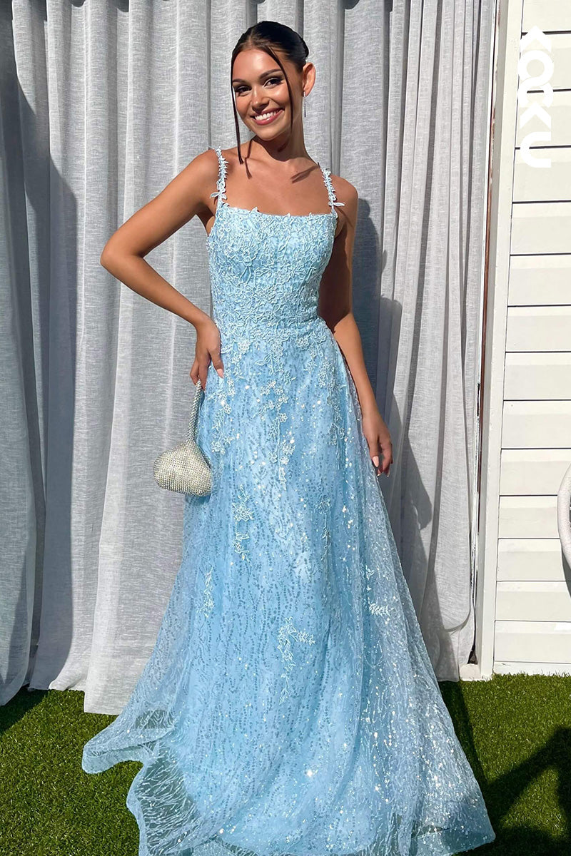 L1620 - Spaghetti Straps Lace Appliqued Tulle A-Line Long Prom Gown
