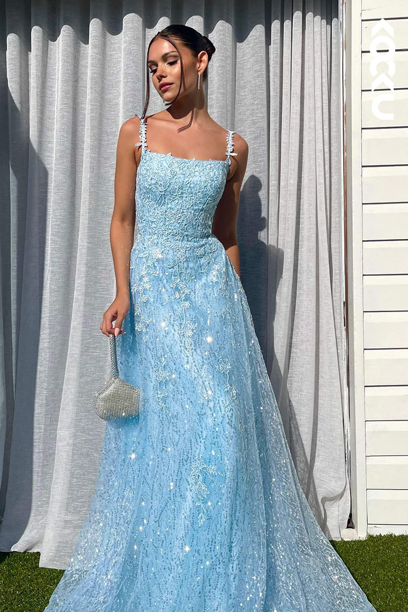 L1620 - Spaghetti Straps Lace Appliqued Tulle A-Line Long Prom Gown
