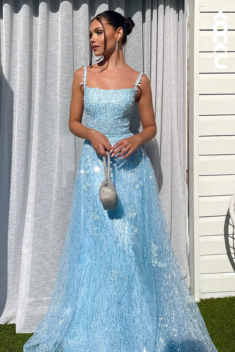 L1620 - Spaghetti Straps Lace Appliqued Tulle A-Line Long Prom Gown