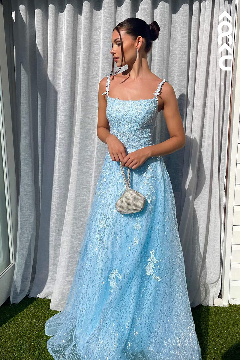 L1620 - Spaghetti Straps Lace Appliqued Tulle A-Line Long Prom Gown
