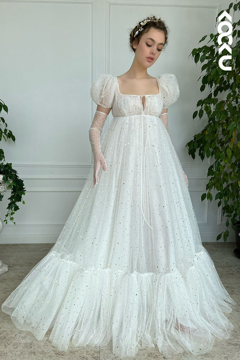 L1621 - Square Neck Short Puff Sleeves Tulle A-Line Long Prom Gown
