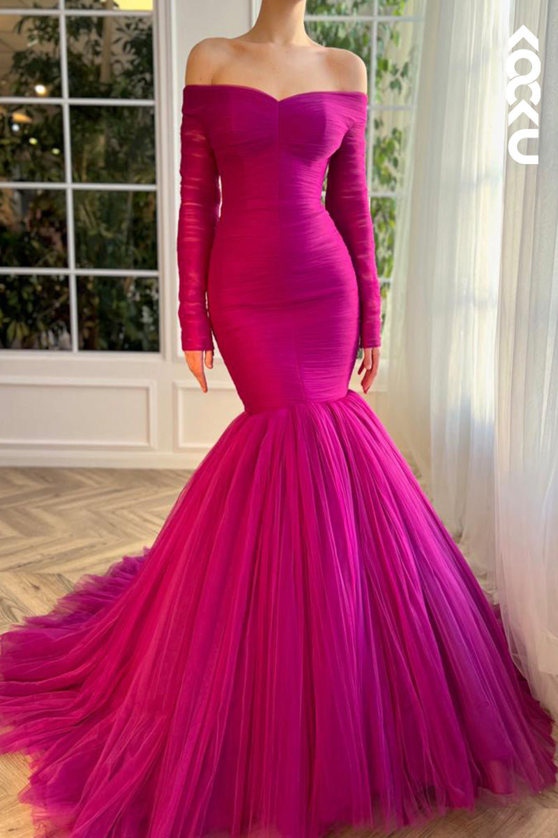 L1622 - Off- Shoulder Long Sleeves Tulle Mermaid Long Prom Gown