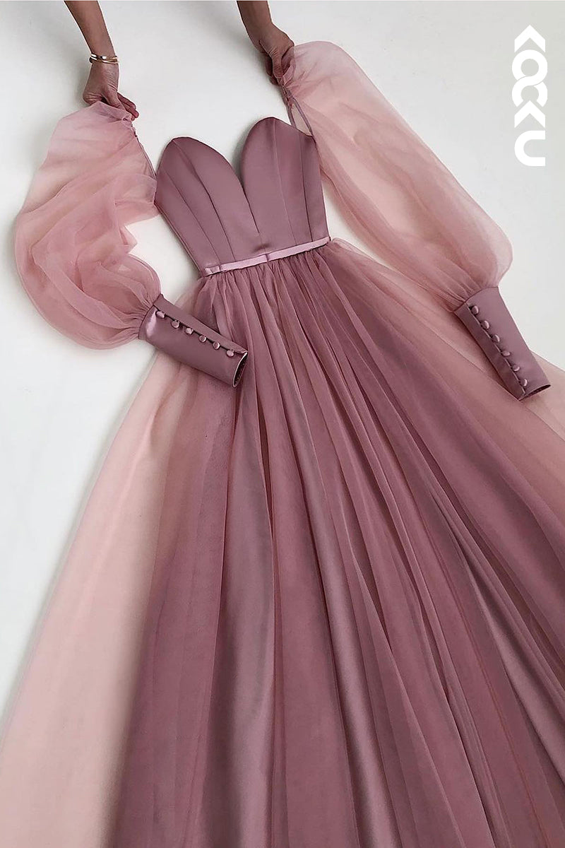 L1623 - A Line Low V Neck Long Sleeves Pleated Tulle Long Prom Evening Dress