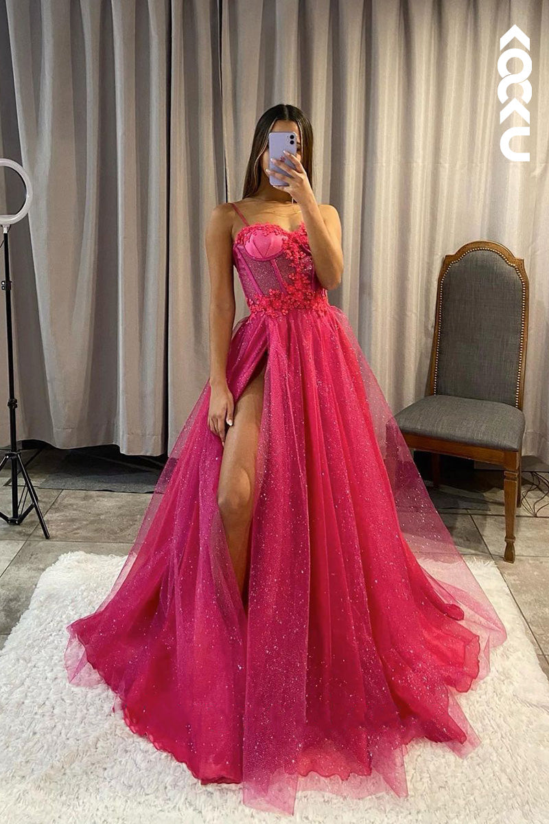L1624 - Sweetheart Spaghetti Straps Appliqued Tulle A-Line Prom Gown
