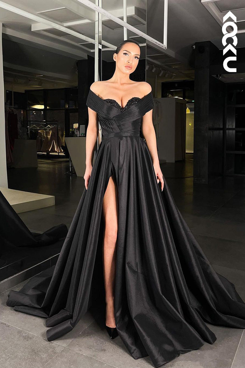L1626 - Sweetheart Off-Shoulder Sequined Ruched A-Line Long Prom Gown