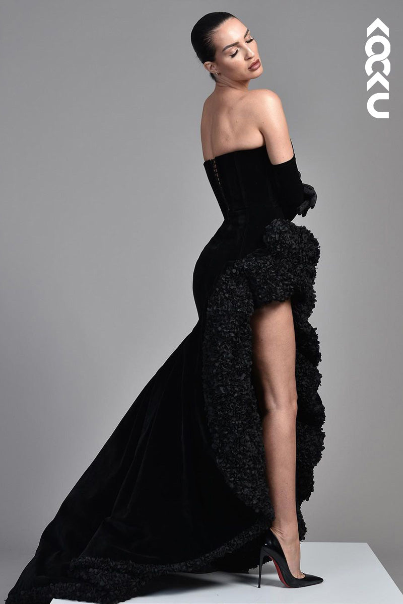 L1629 - Strapless Thigh Slit Velvet A-Line Prom Gown With Sweep Train