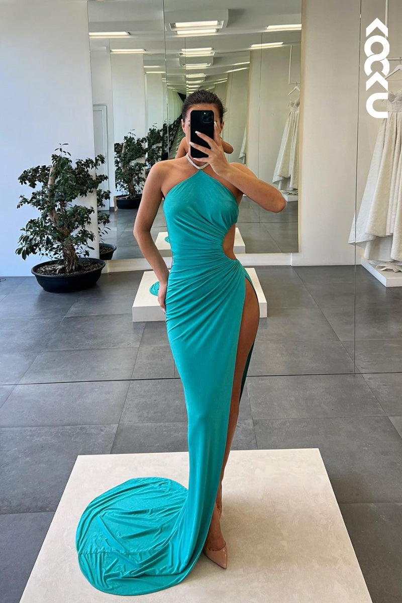 L1630 - Halter Cut Outs Ruched Sheath Long Prom Evening Gown With Slit