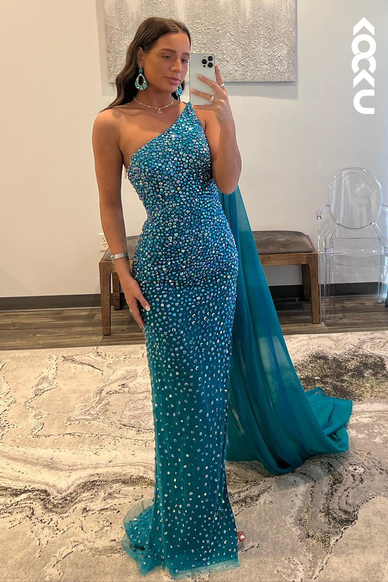 L1633 - One Shoulder Beaded Sparkly Sheath Long Prom Gown With Shawl