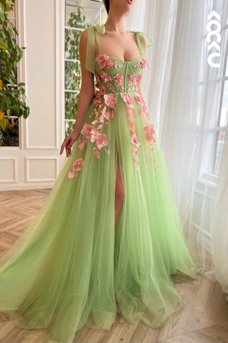 L1634 - Sweetheart Appliqued Tulle A-Line Long Prom Gown With Slit