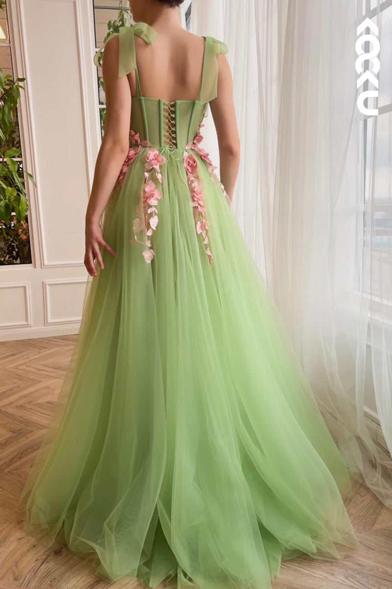 L1634 - Sweetheart Appliqued Tulle A-Line Long Prom Gown With Slit
