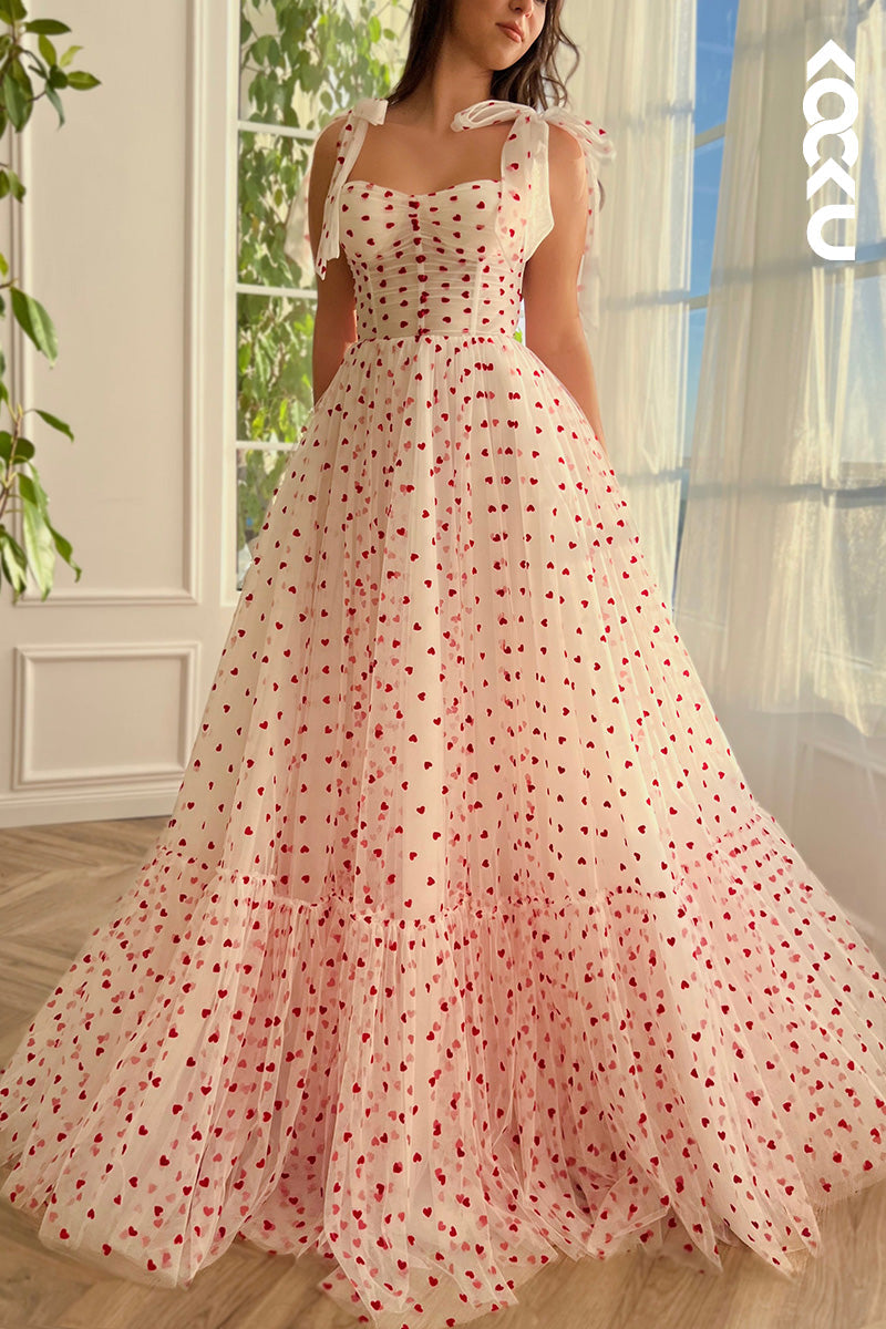 L1635 - Sweetheart Ruched Tulle A-Line Long Bouquet of Hearts Prom Gown