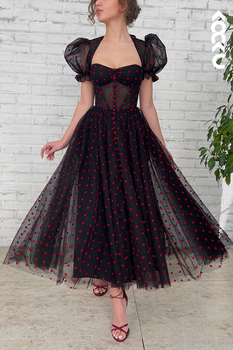 L1637 - Sweetheart Short Puff Sleeves Tulle Midi Prom Gown With Slit