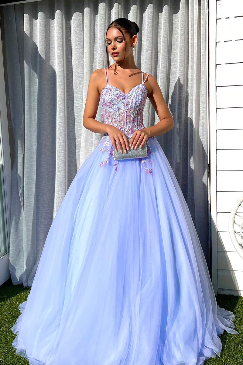 L1638 - V-Neck Spaghetti Straps Appliqued A-Line Long Prom Gown