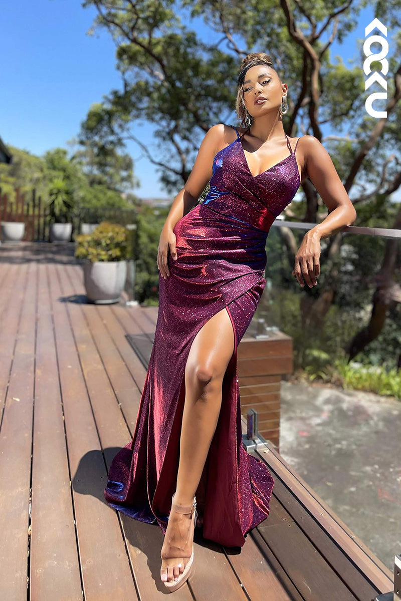 L1640 - V-Neck Spaghetti Straps Sparkly Ruched Sheath Long Prom Gown