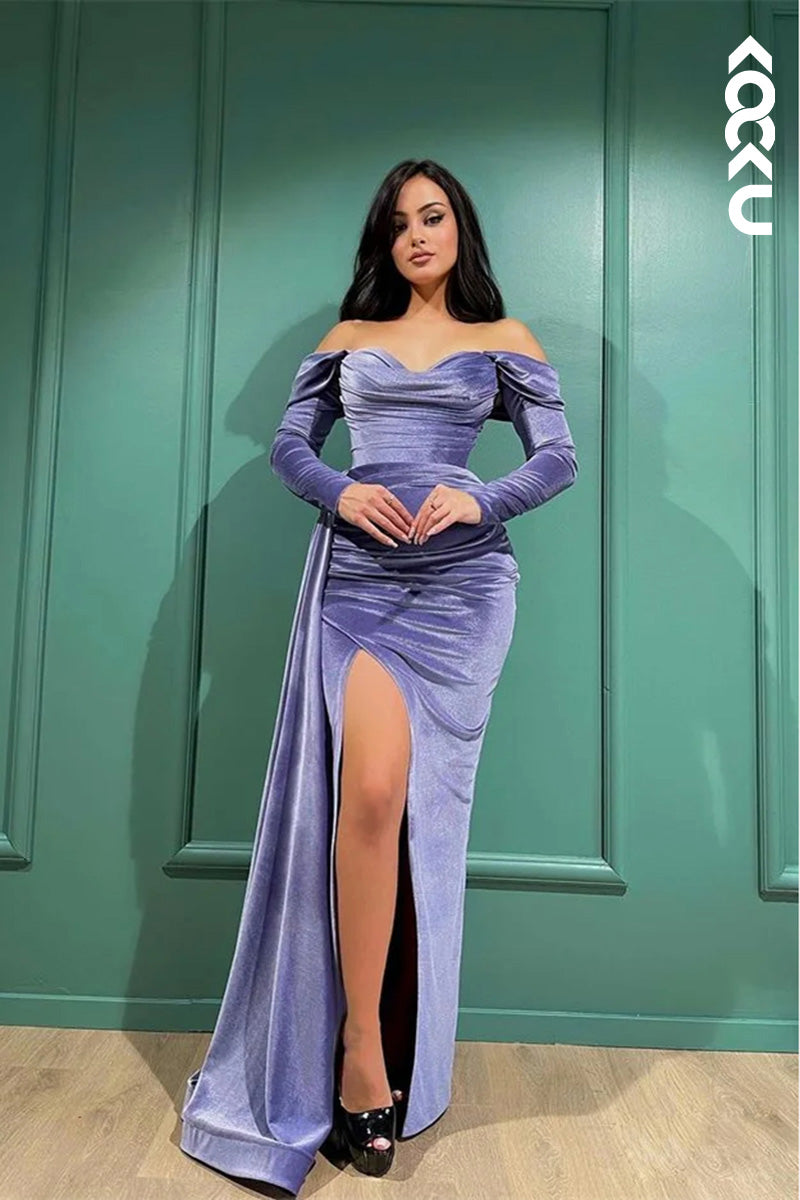 L1642 - Sweetheart Off-Shoulder Long Sleeves Ruched Sheath Long Prom With Slit