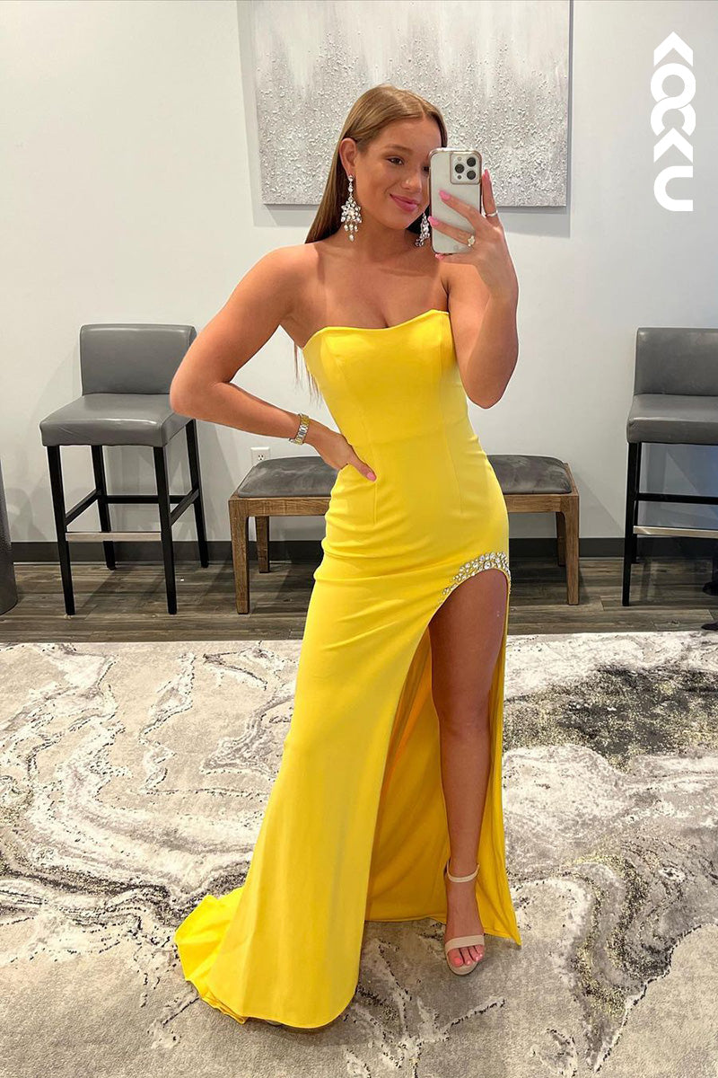 L1644 - Sweetheart Strapless Beaded Sheath Long Prom Gown With Slit