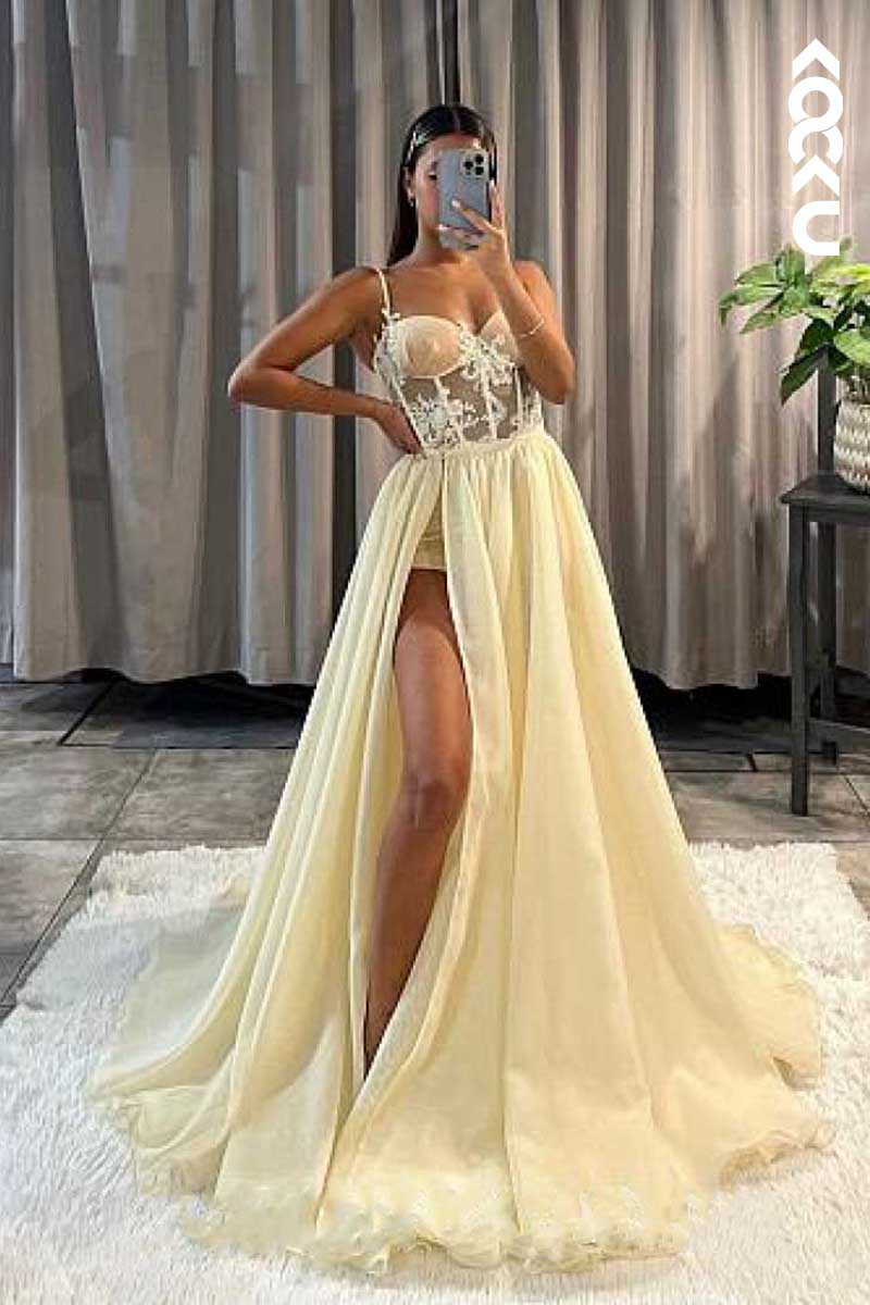 L1645 - Sweetheart Appliqued Sheer Tulle A-Line Long Prom Gown With Slit