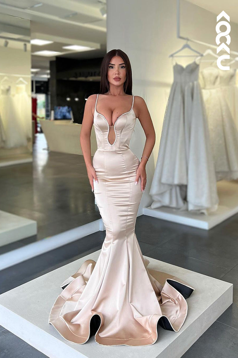 L1646 - Low V-Neck Spaghetti Straps Satin Mermaid Long Prom Evening Gown