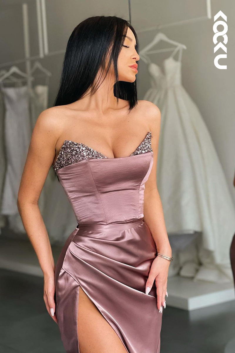 L1648 - V-Neck Strapless Sequined Ruched Sheath Long Prom Gown With Slit