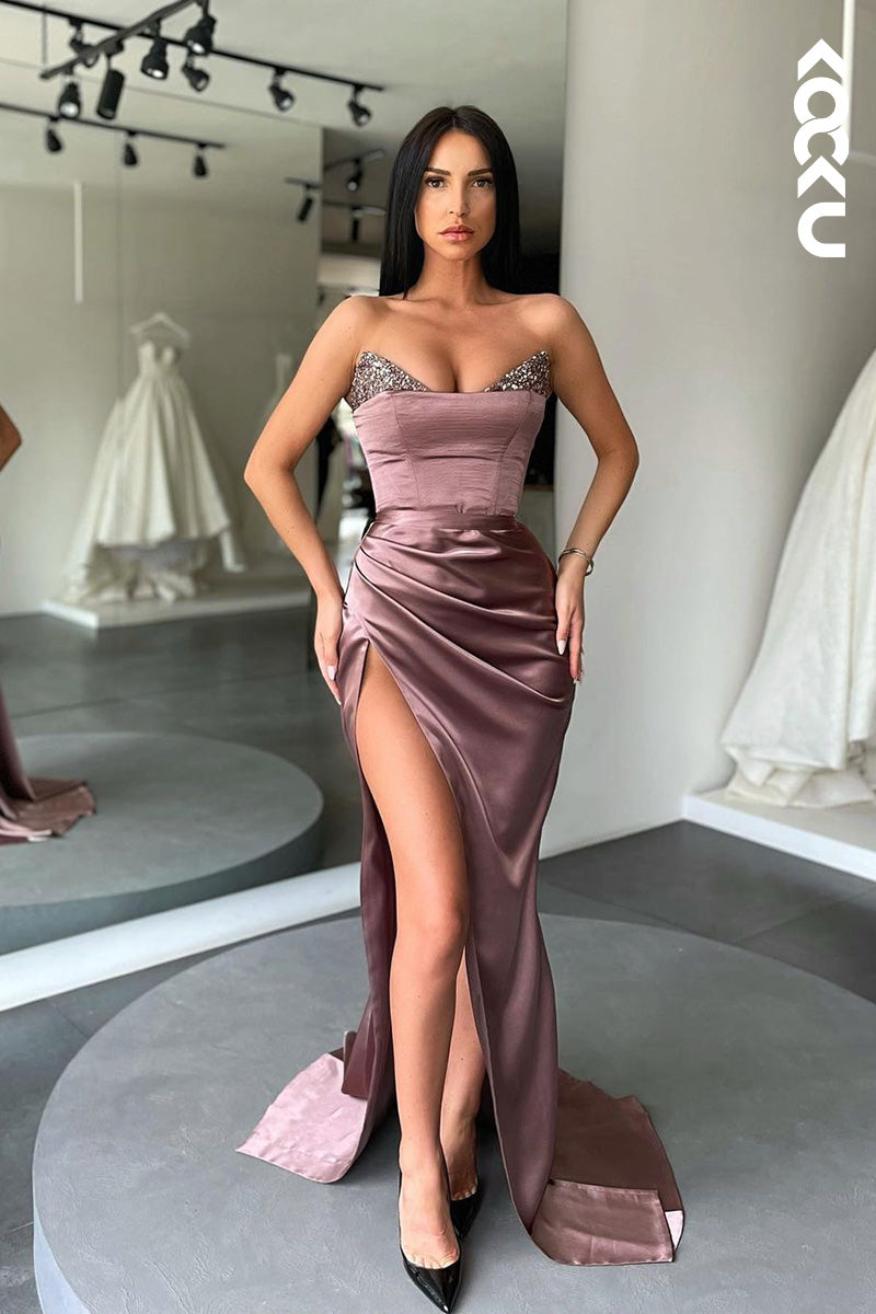 L1648 - V-Neck Strapless Sequined Ruched Sheath Long Prom Gown With Slit