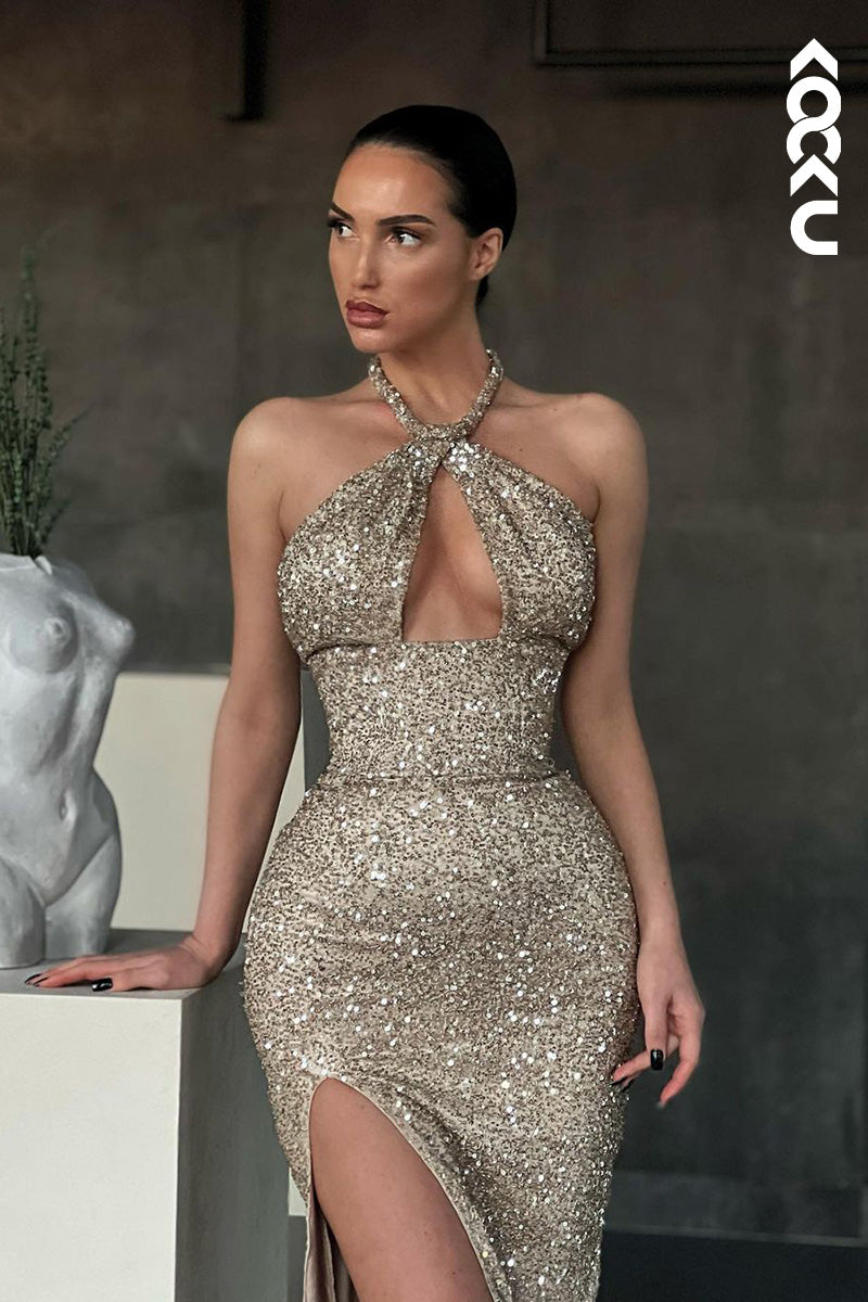 L1649 - Cross-Neck Sequined Sheath Long Prom Gown With Thigh Slit