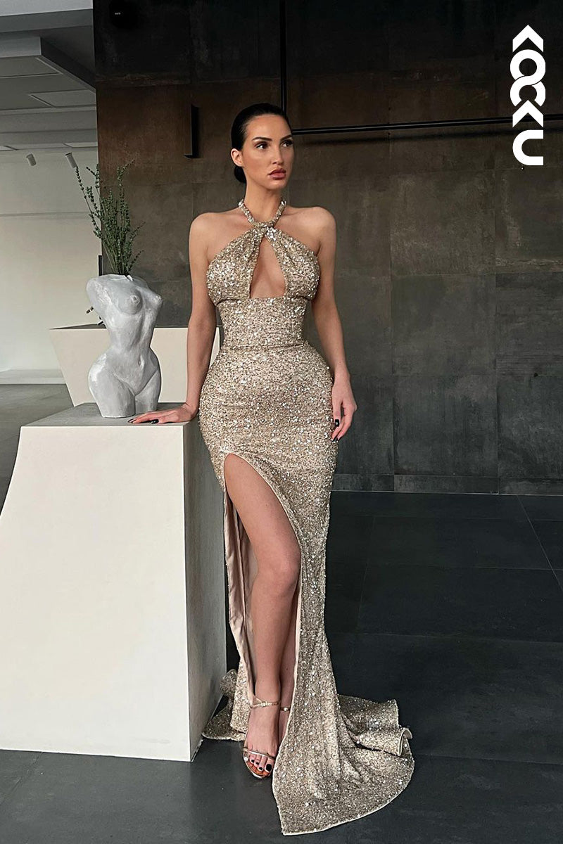 L1649 - Cross-Neck Sequined Sheath Long Prom Gown With Thigh Slit