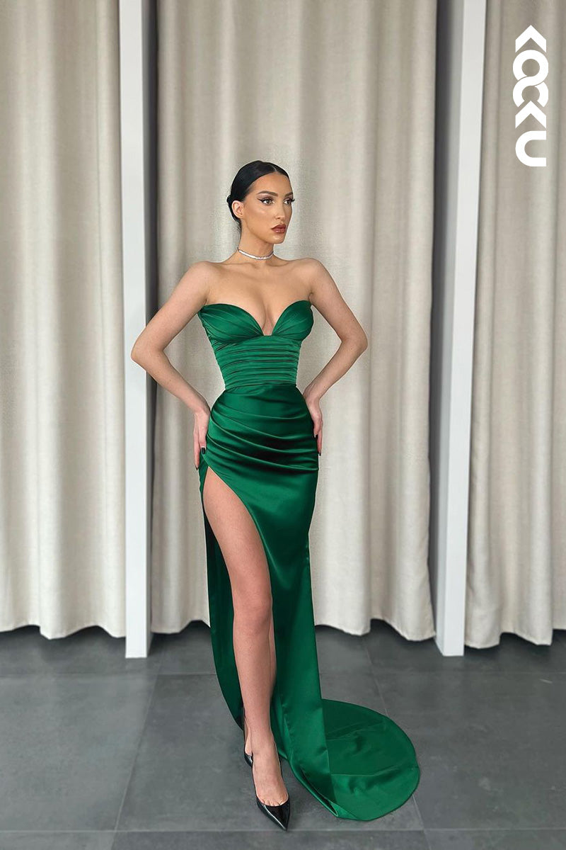 L1650 - Sweetheart Strapless Pleated Sheath Long Prom Evening Gown With Slit