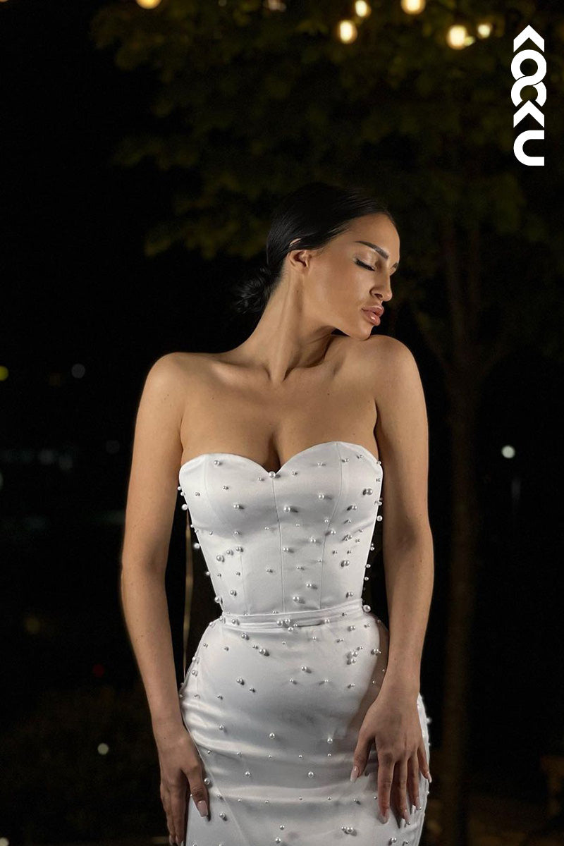 L1651 - Sweetheart Strapless Beaded Sheath Long Prom Evening Gown