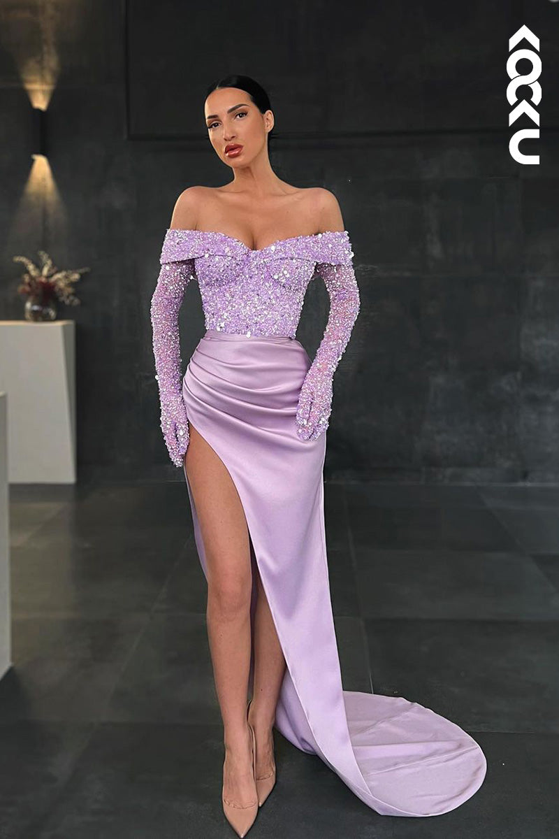L1653 - Off-Shoulder Sequined Ruched Satin Sheath Long Prom Gown With Slit