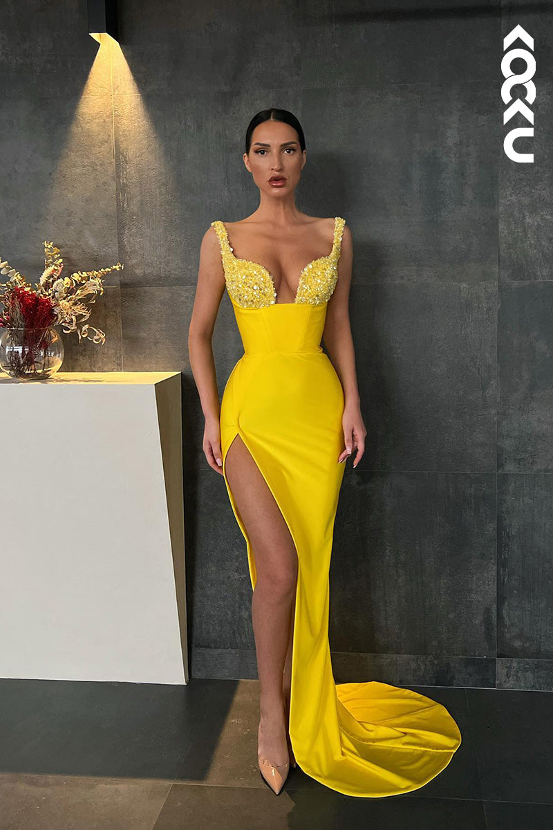 L1654 - V-Neck Sequined Sheath Long Prom Evening Gown With Slit