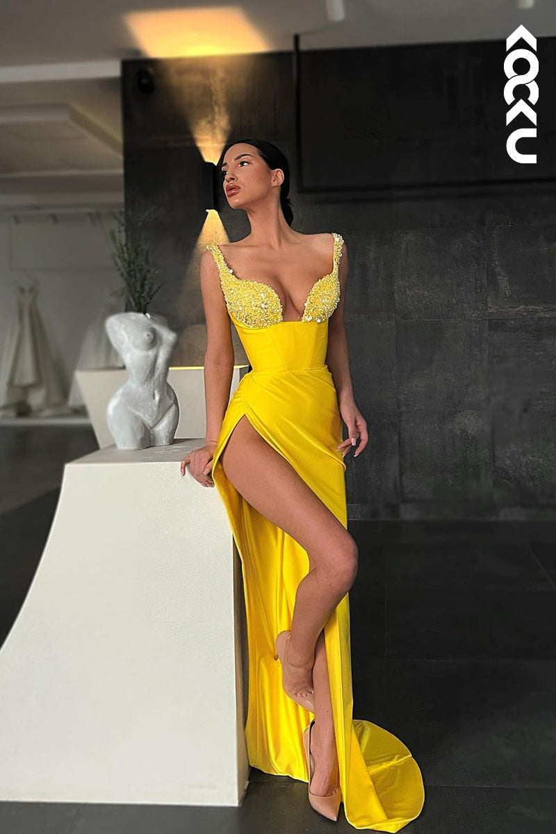 L1654 - V-Neck Sequined Sheath Long Prom Evening Gown With Slit