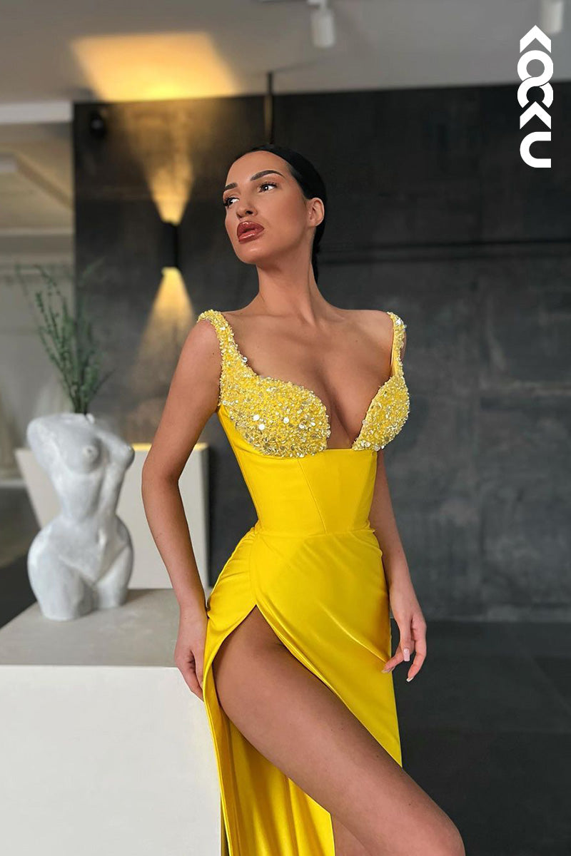 L1654 - V-Neck Sequined Sheath Long Prom Evening Gown With Slit