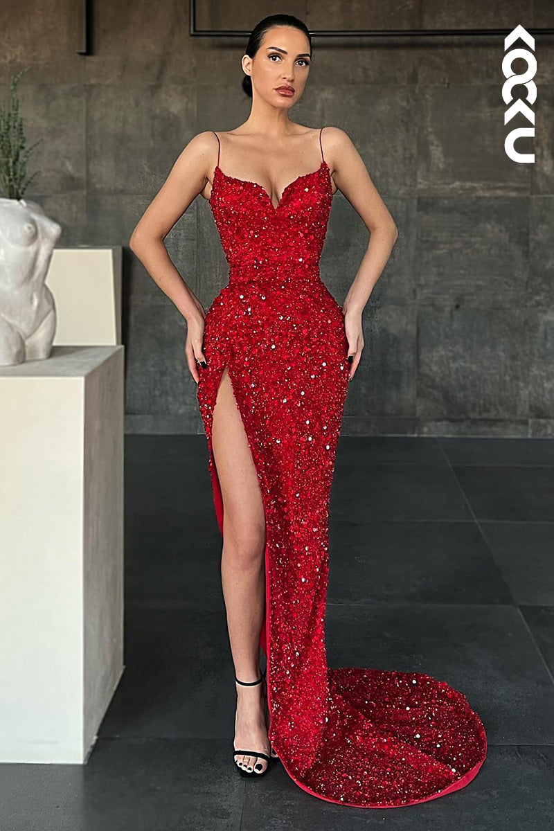 L1655 - V-Neck Spaghetti Straps Sequined Sheath Long Prom Gown With Slit