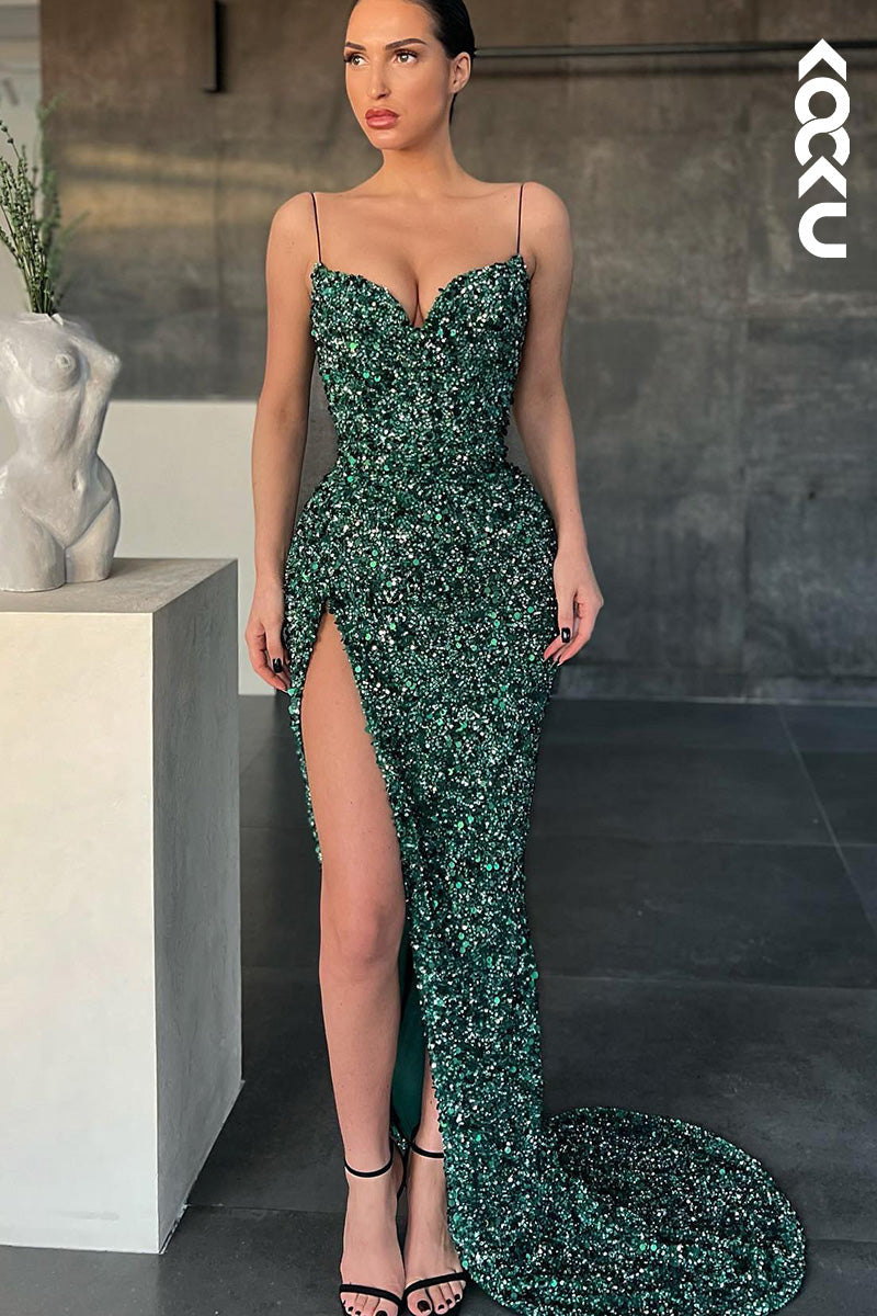 L1655 - V-Neck Spaghetti Straps Sequined Sheath Long Prom Gown With Slit