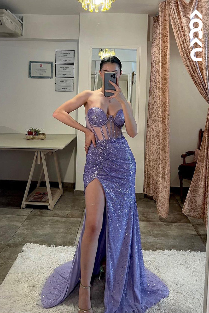 L1656 - Sweetheart Strapless Sheer Sequined Sheath Long Prom Gown With Slit