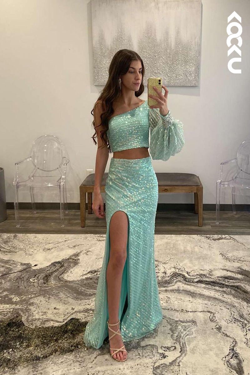 L1658 - Two Piece One Shoulder Long Sleeves Sequined Sheath Prom Gown With Slit