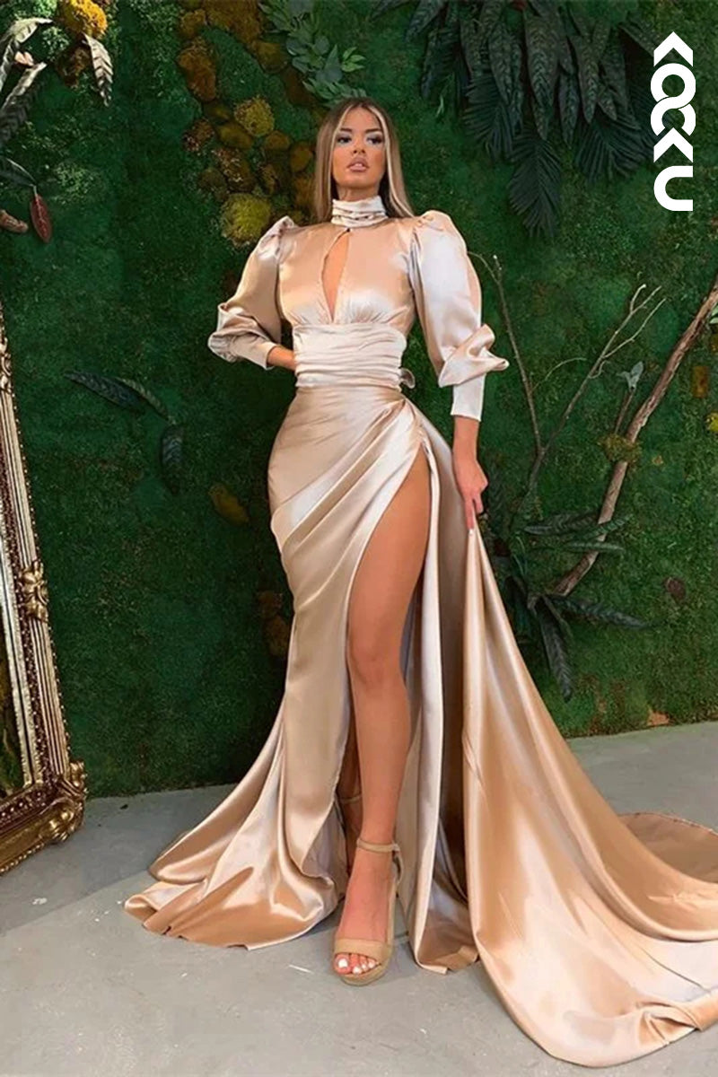 L1659 - High Neck Long Sleeves Cut Outs Sheath Long Prom Evening Gown