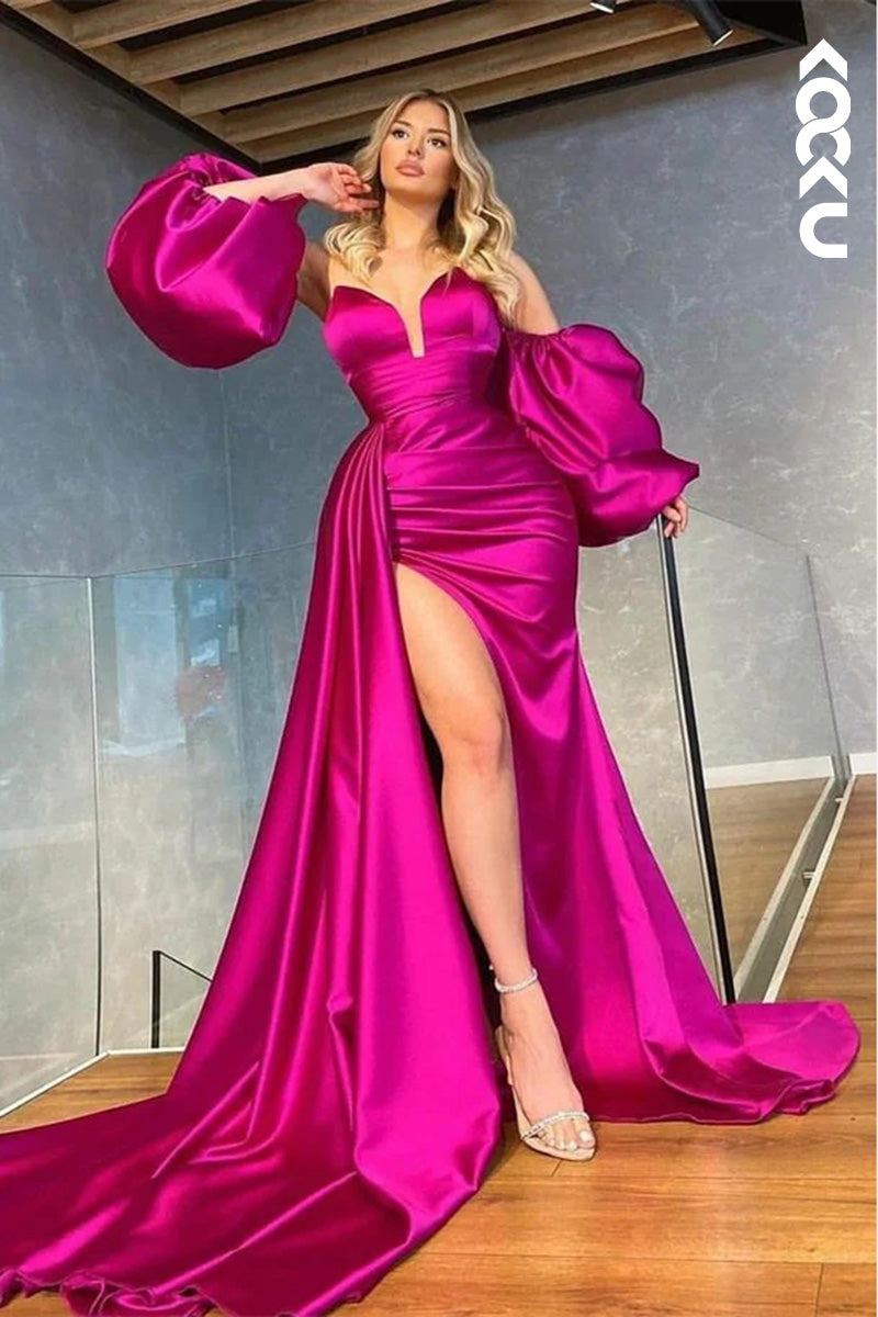 L1662 - V-Neck Strapless Ruched Sheath Long Prom Gown With Detachable Sleeves