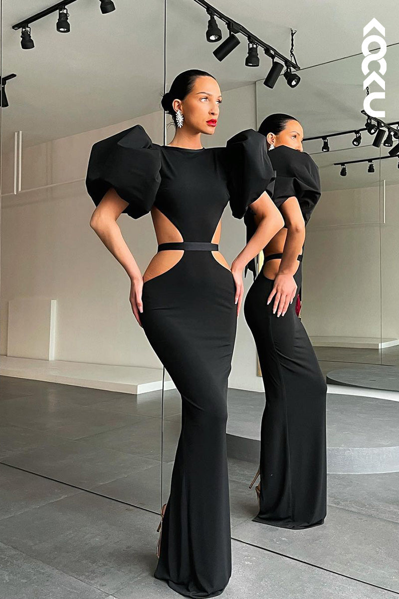L1670 - Round Neck Cut Outs Sheath Long Prom Evening Gown With Puff Sleeves