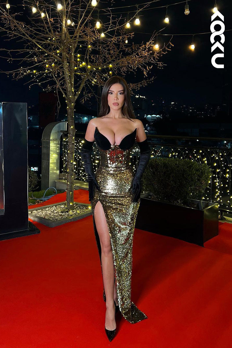 L1672 - V-Neck Strapless Sequined Sheath Long Prom Gown With Slit