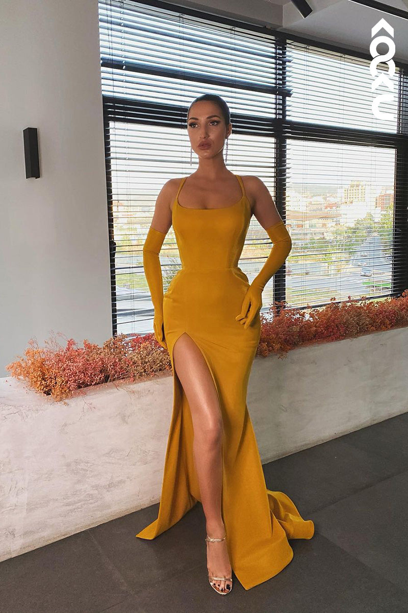 L1675 - Spaghetti Straps Satin Sheath Long Prom Evening Gown With Slit