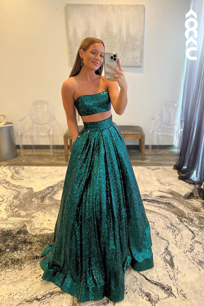 L1681 - Two Piece Strapless Sequined A-Line Long Prom Gown
