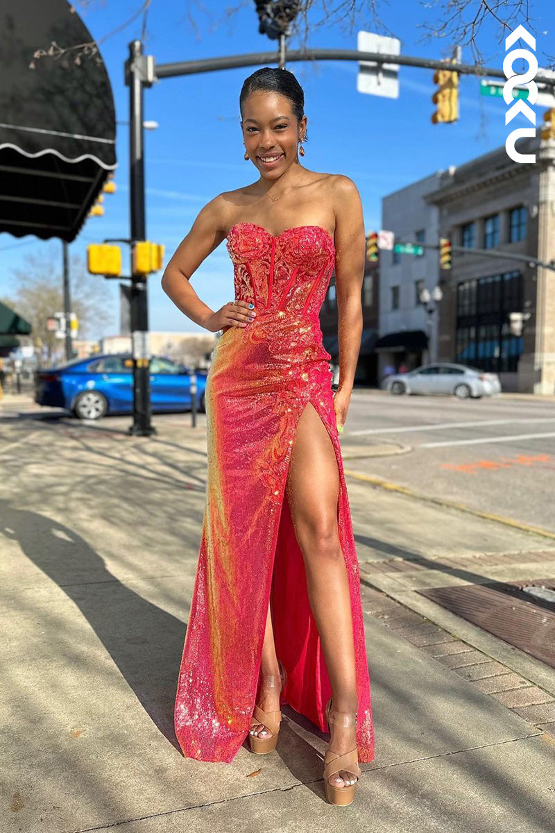 L1683 - Sweetheart Strapless Sequined Sheath Long Prom Gown With Slit