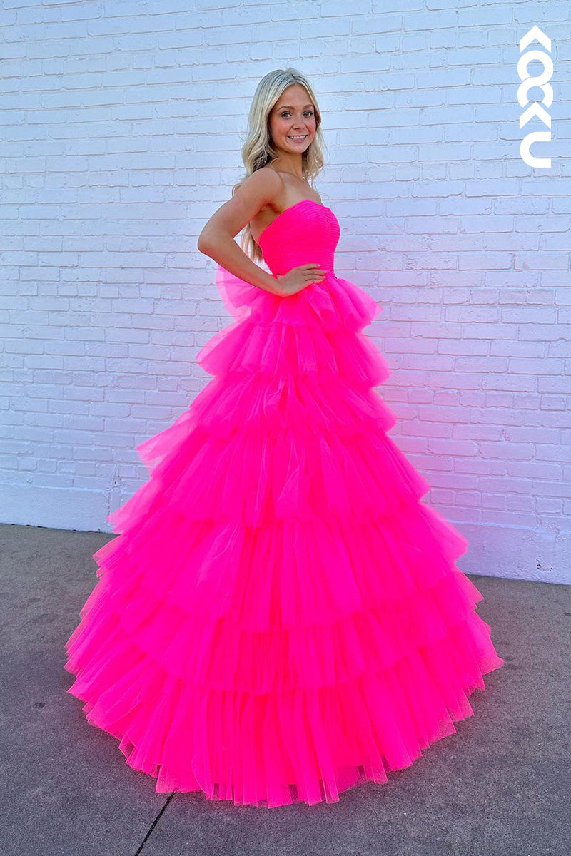 L1684 - Strapless Hot Pink A-Line Tulle Long Prom Gown