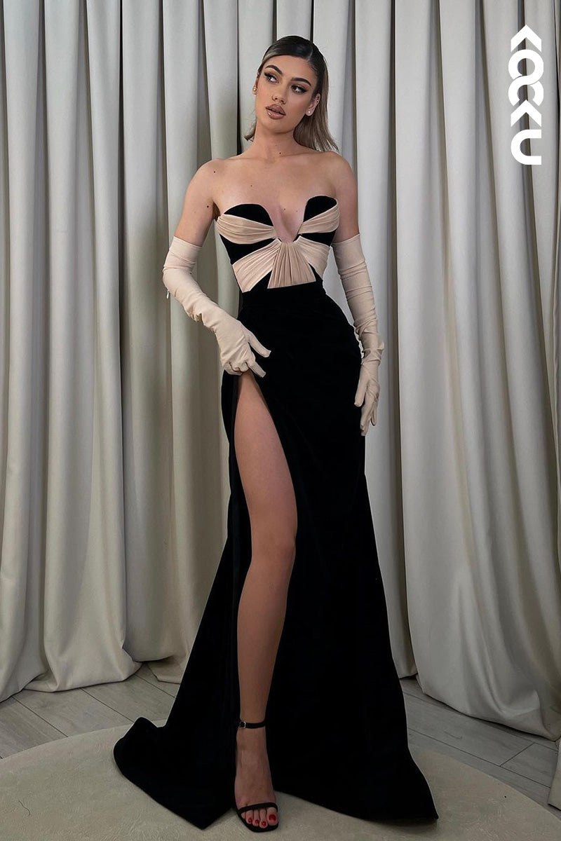 L1688 - V-Neck Strapless Ruched Satin Sheath Long Prom Evening Gown