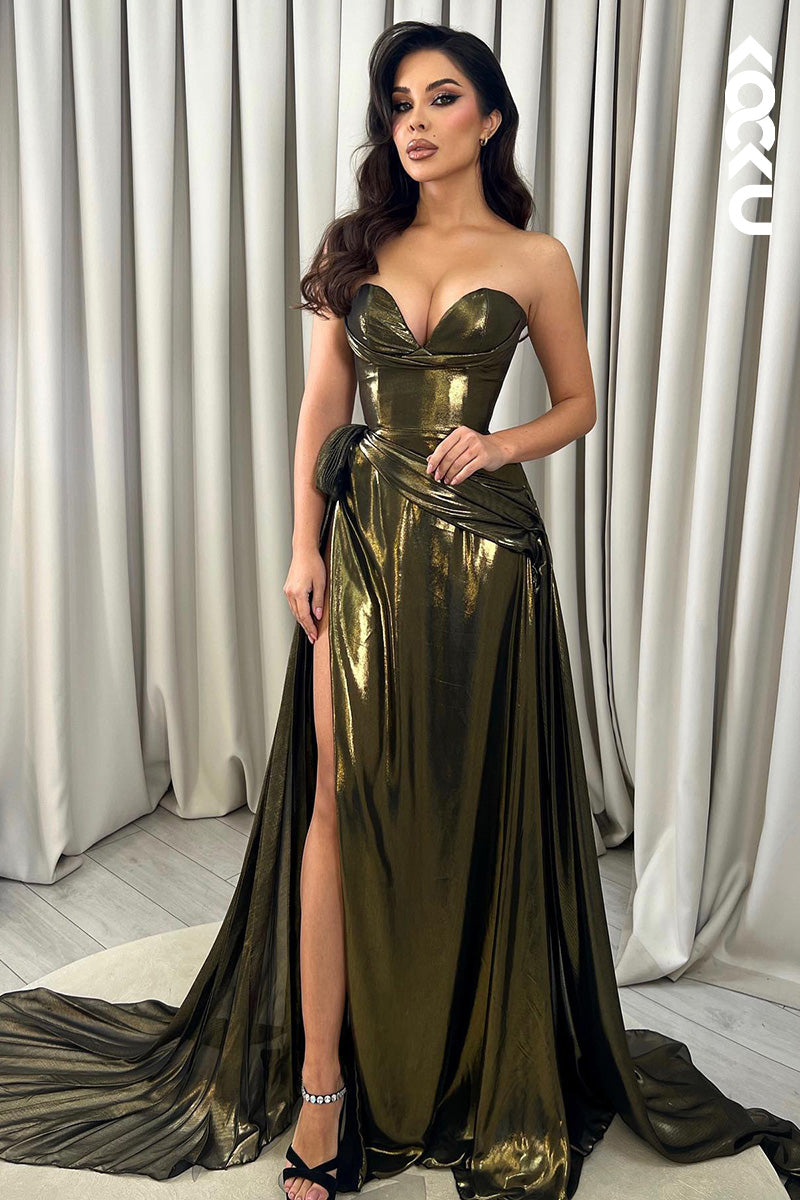 L1690 - Sweetheart Strapless Sparkly Ruched A-Line Long Prom Gown