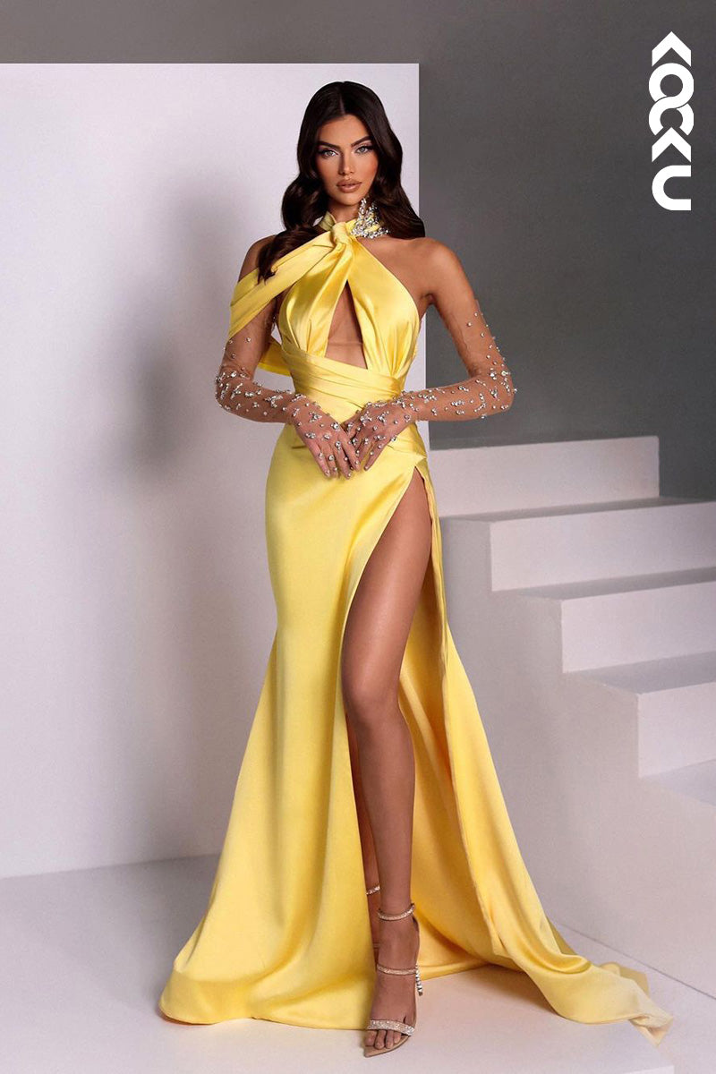 L1691 - Halter Asymmetrical Ruched Beaded Satin Sheath Long Prom Gown With Slit