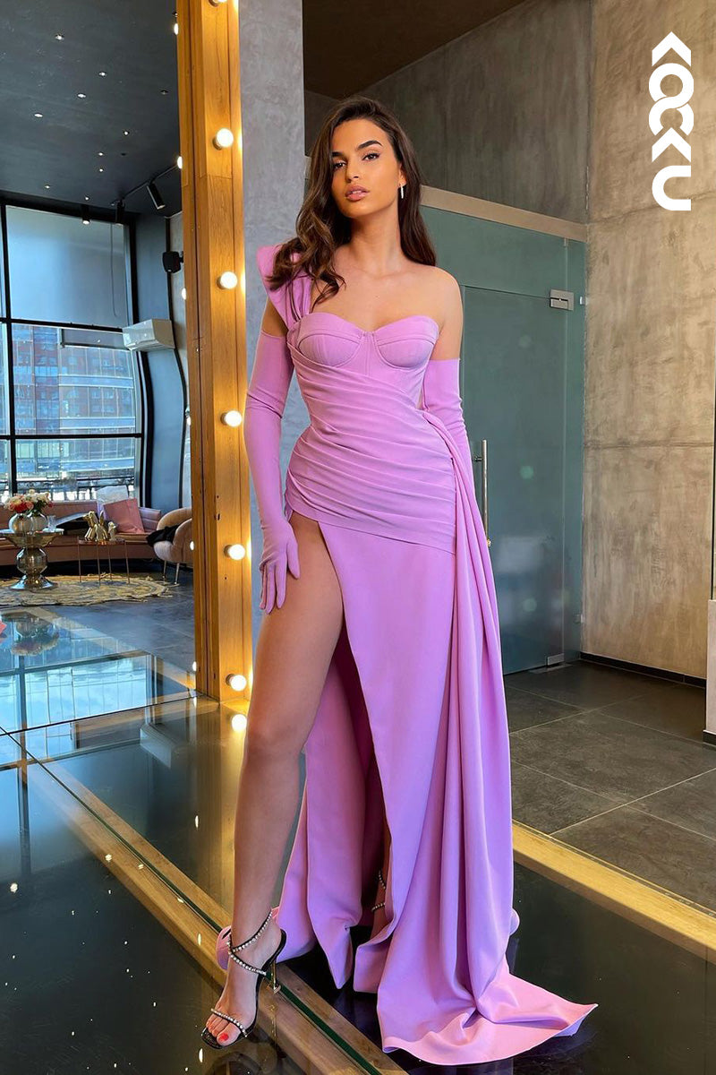 L1697 - Sweetheart One Shoulder Ruched Sheath Long Prom Evening Gown