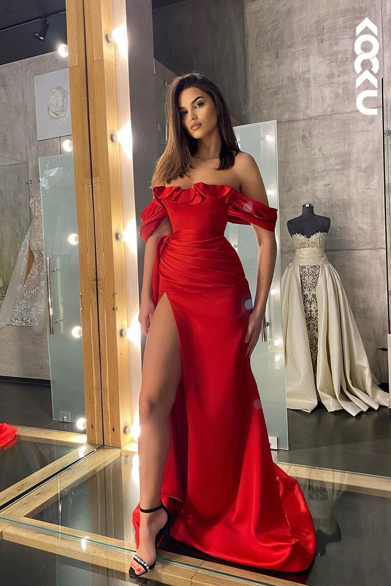 L1698 - Off-Shoulder Ruched Satin Sheath Long Prom Evening Gown