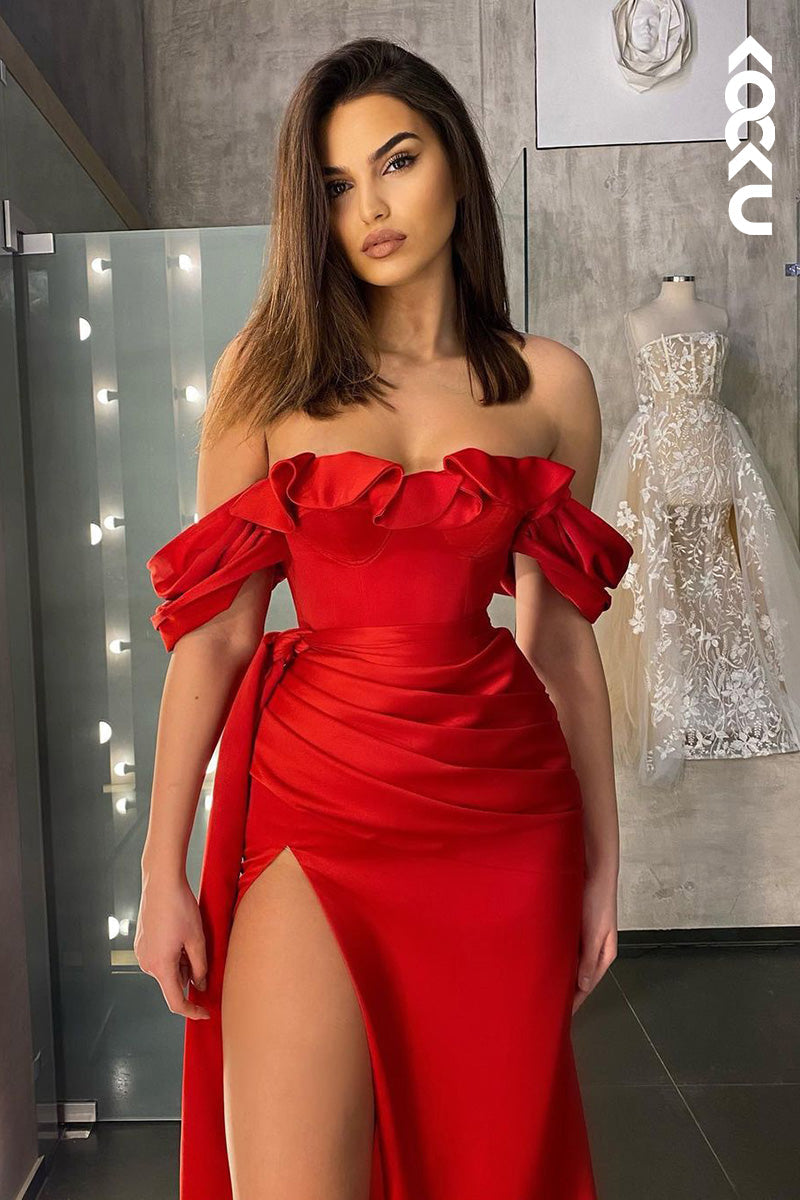 L1698 - Off-Shoulder Ruched Satin Sheath Long Prom Evening Gown